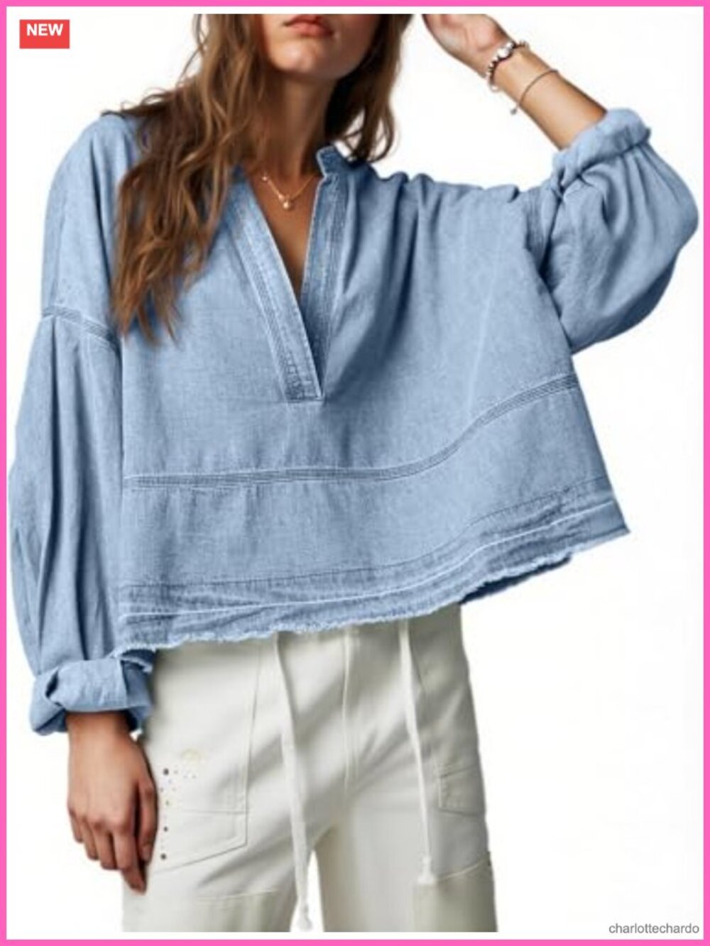 Cotton Denim Puff Sleeve V-Neck Top Casual Jean Shirt